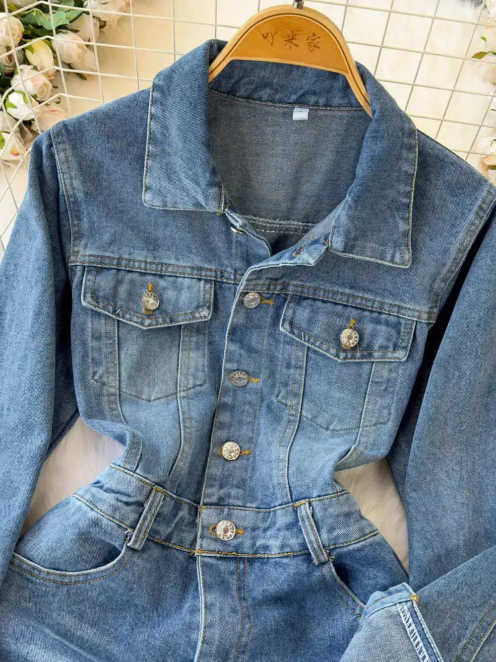 Button Front Wide Leg Jumpsuit Denim Pants