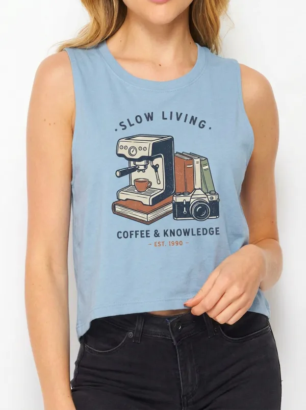 Women's Coffee Lover Slow Living Books Camera Printed Crop Tank Top