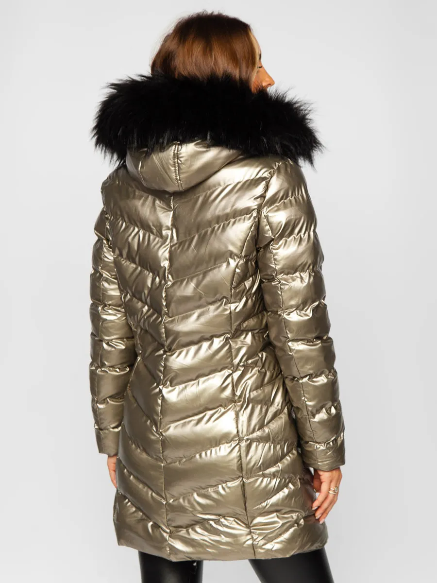 Gold Women's Long Quilted Winter Jacket With Hood