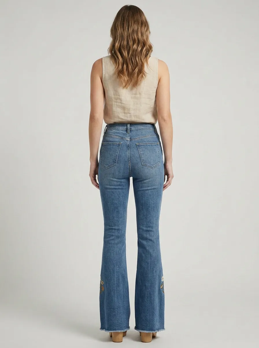 Women's Floral Daisy Embroidered High Rise Flare Jeans