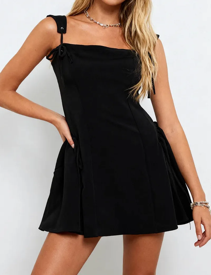 Chic Solid Color Bow Strap Puff Hem Mini Dress