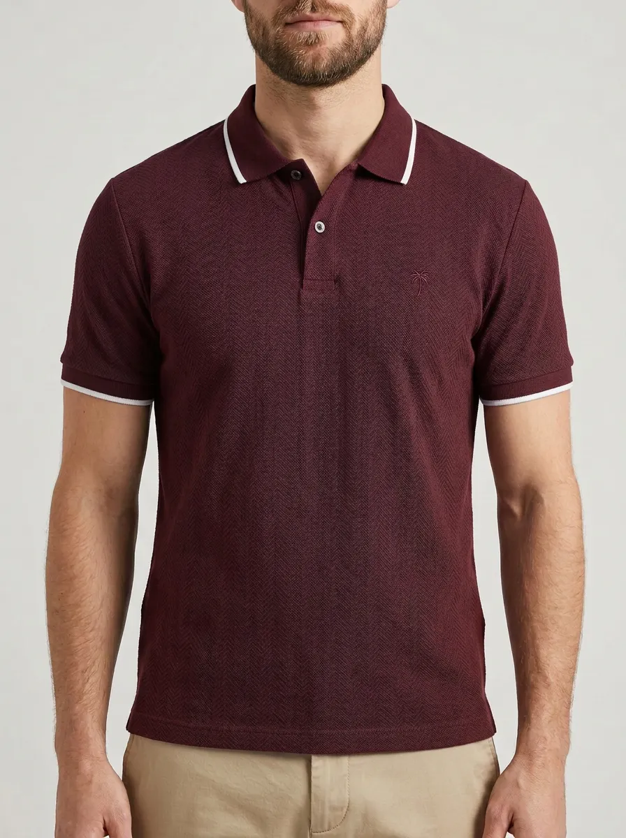 Men's Navy Herringbone Palm Tree Embroidered Polo Shirt