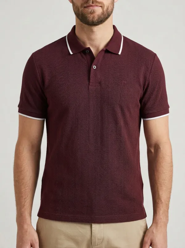 Men's Navy Herringbone Palm Tree Embroidered Polo Shirt