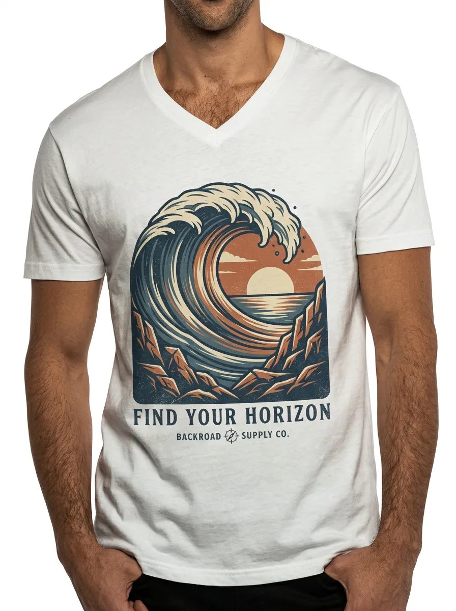 Men's Ocean Wave Sunset Find Your Horizon Printed V-Neck T-Shirt