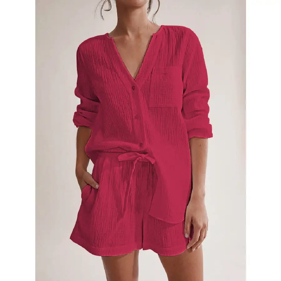 Relaxed Notched Long Sleeve Top and Shorts Set