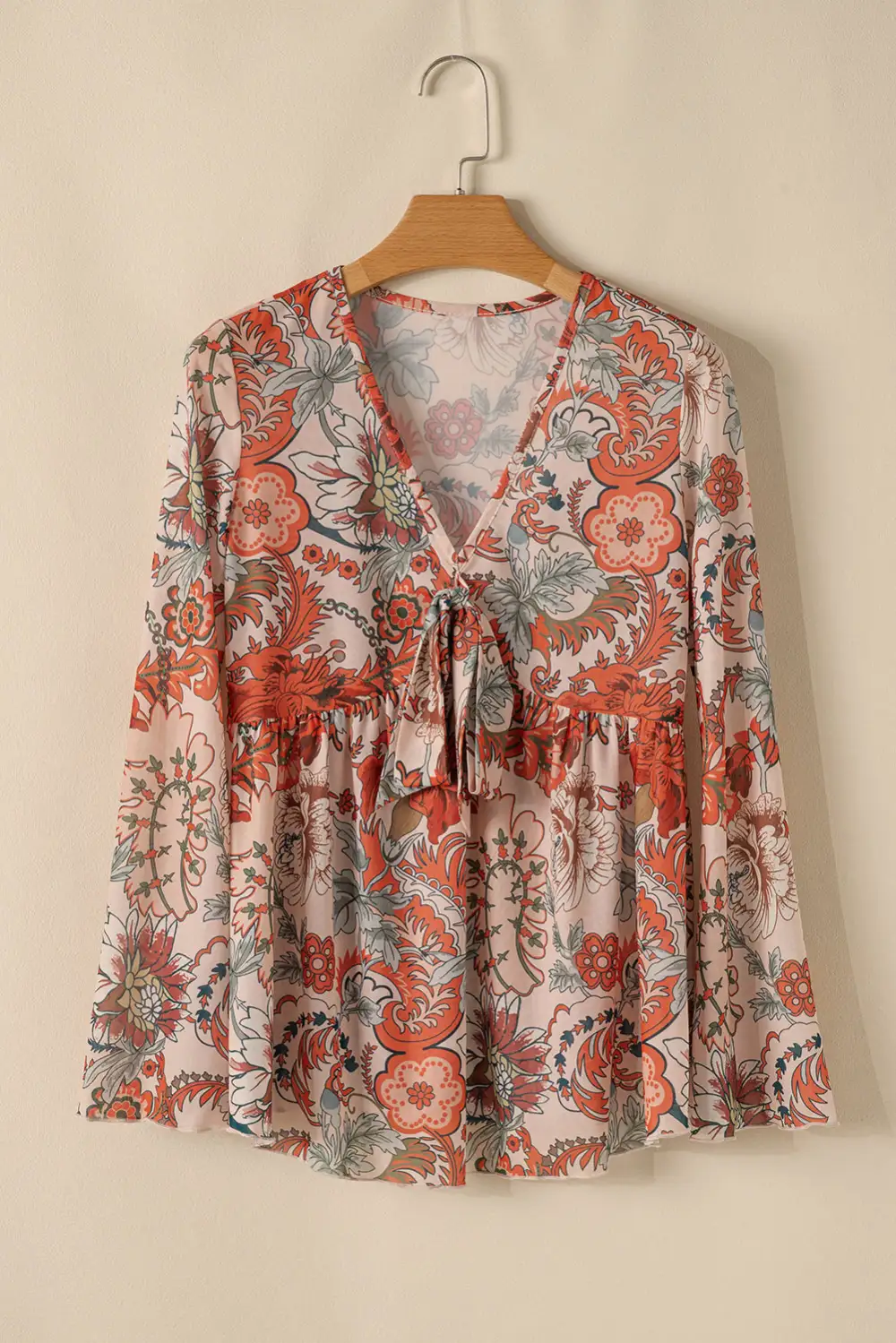 Orange Floral Print Deep V Neck Knot Bell Sleeve Blouse
