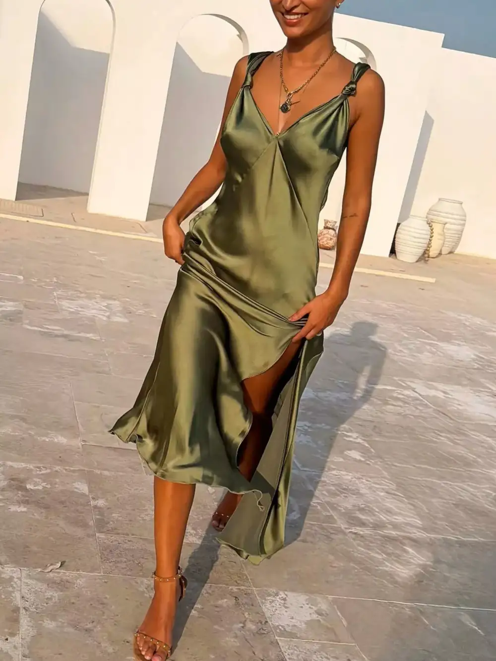 Satin V Neck Slit Maxi Dress