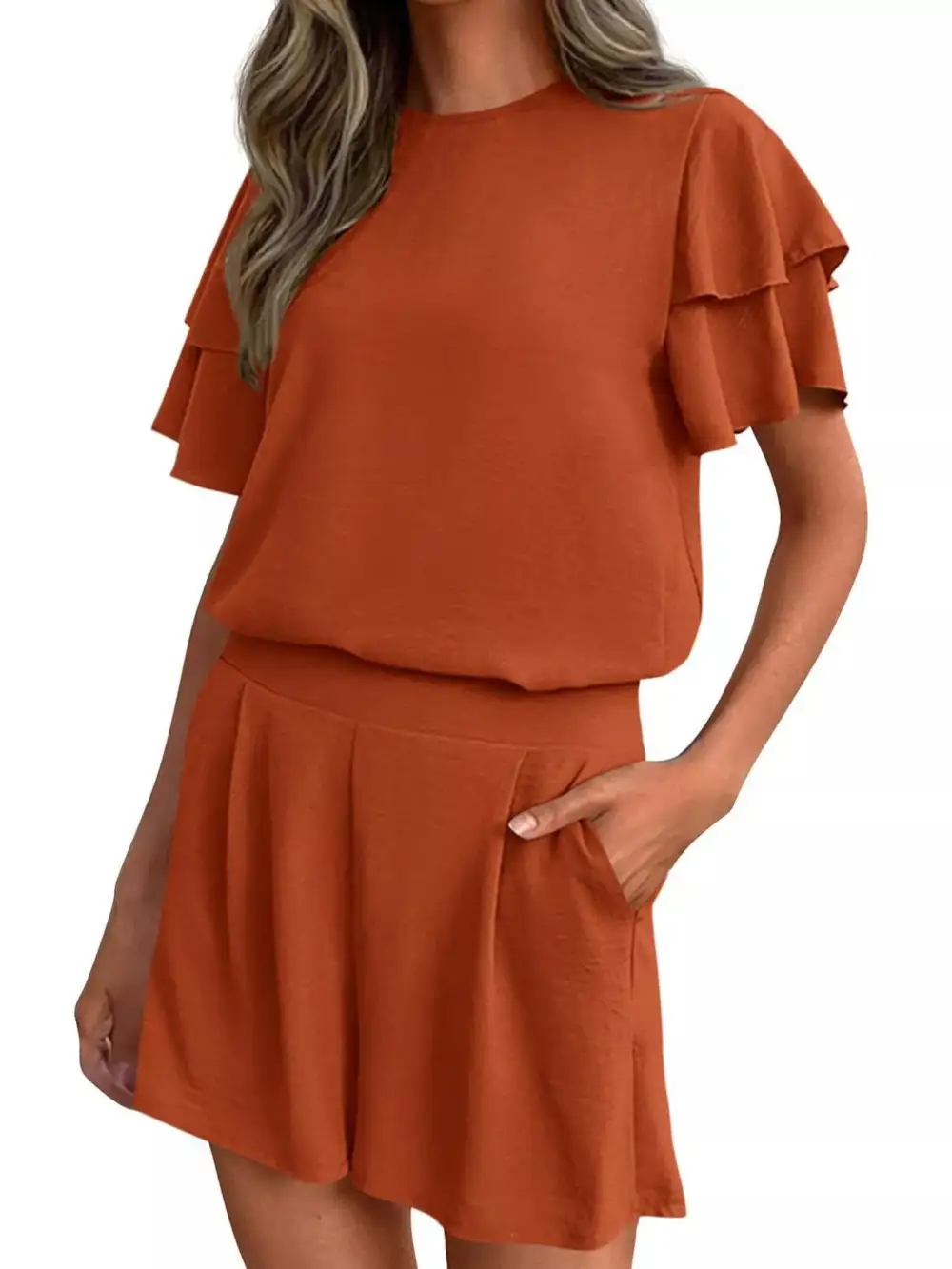 Ruffle Sleeve Top and Shorts Two-piece Set Everyday Look
