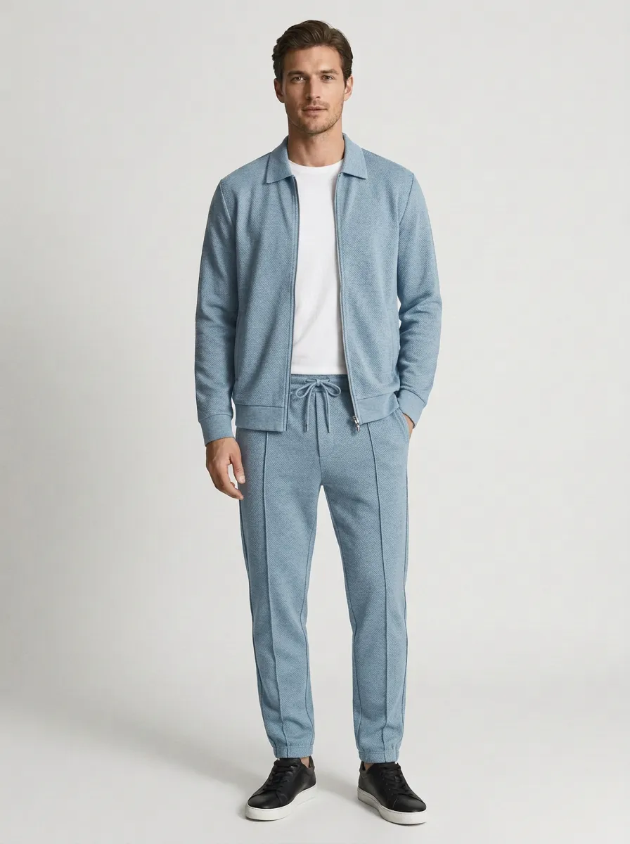 Men's Textured Zip-Up Minimal Polo Collar Jacket and Jogger Pants Set