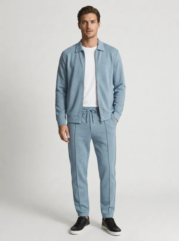 Men's Textured Zip-Up Minimal Polo Collar Jacket and Jogger Pants Set