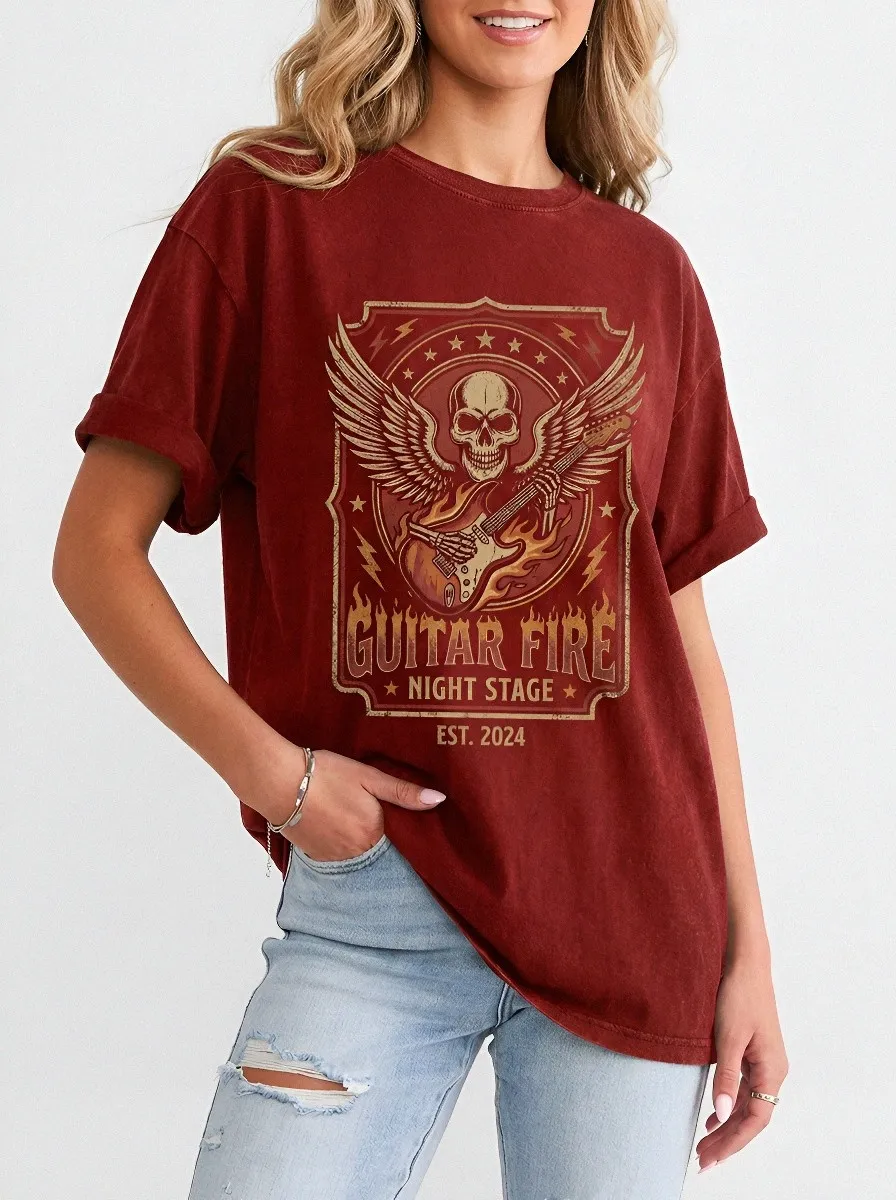 Unisex Rock Music Lover Winged Skull Guitar Printed T-shirt
