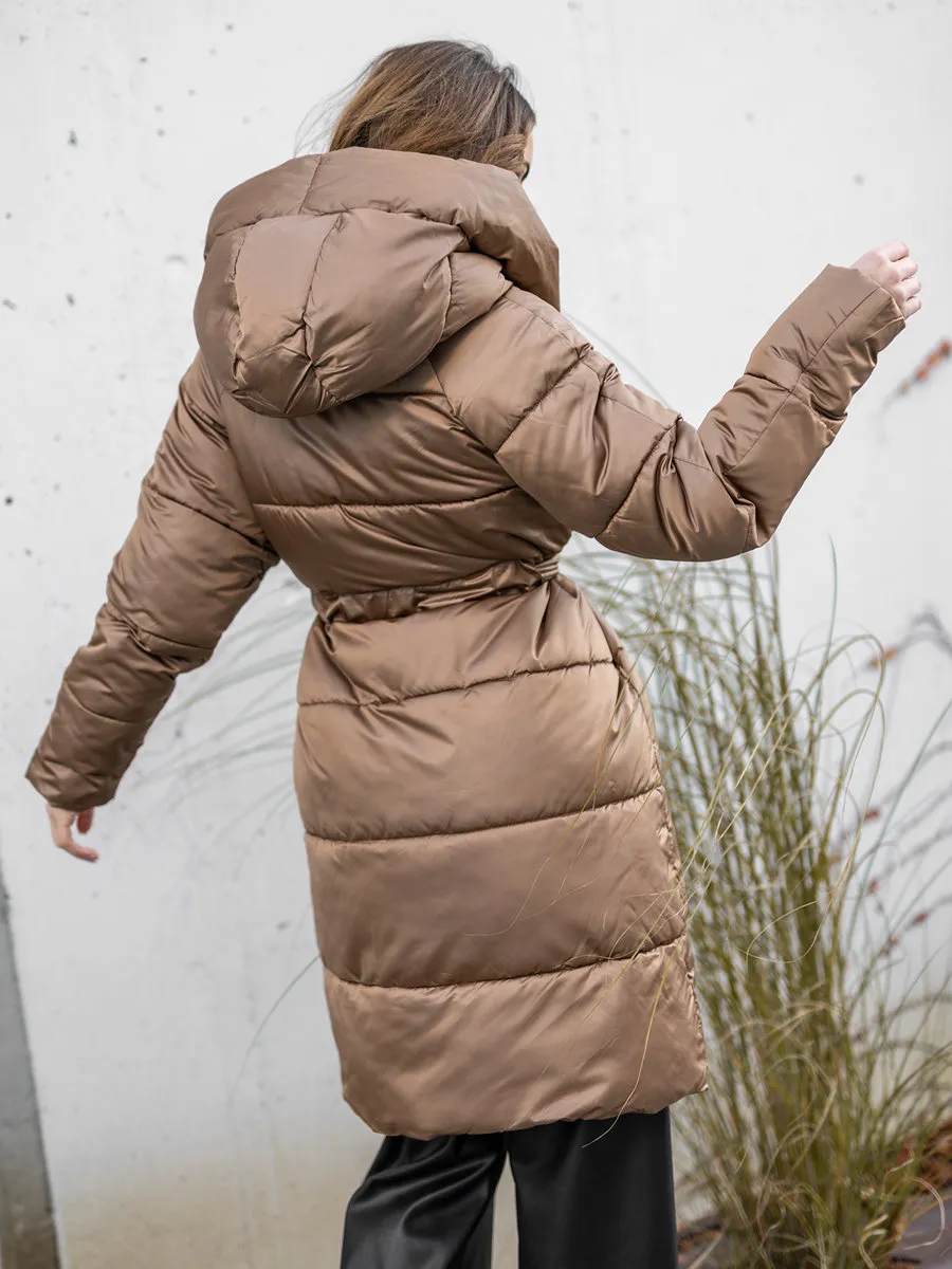 Camel women's long quilted winter jacket with hood