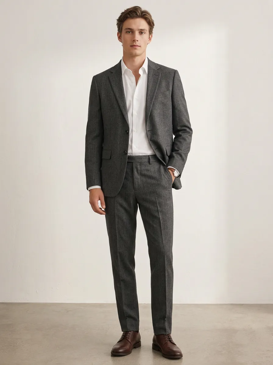 Men's Straight Leg Business Formal Charcoal Grey Wool Blend Suit Set