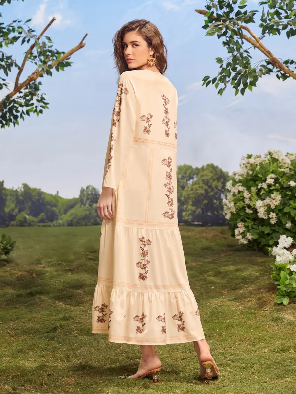 Tie Neck Floral Print Smock Dress