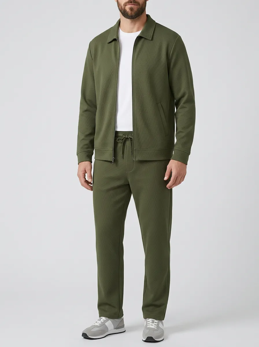 Men's Modern Textured Polo Collar Jacket and Jogger Pants Set