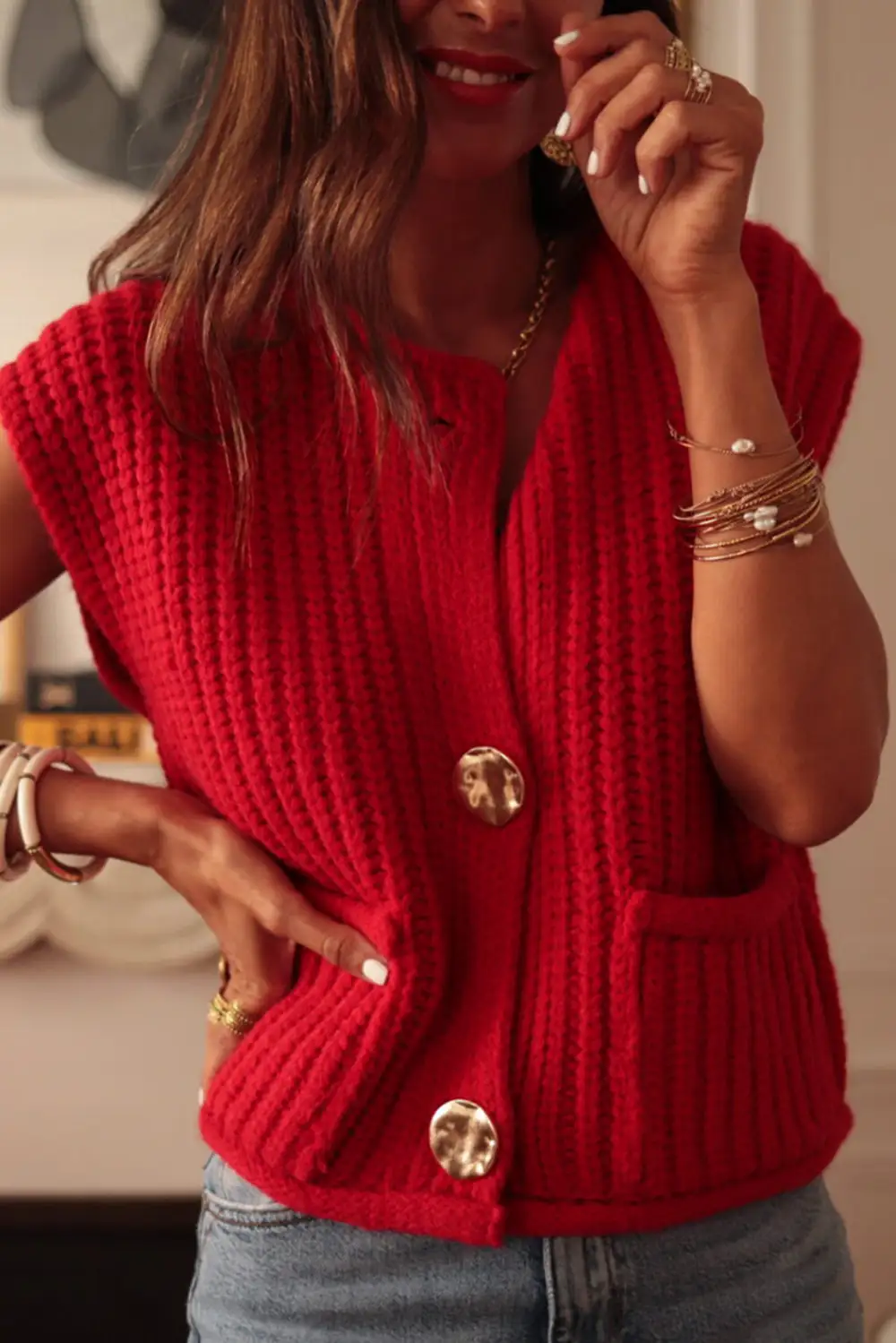 Textured Knit Side Pocket Button Sweater Vest