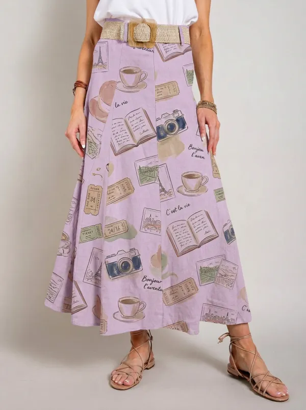 Women's Travel-Inspired Paris Coffee Camera Printed Midi Skirt
