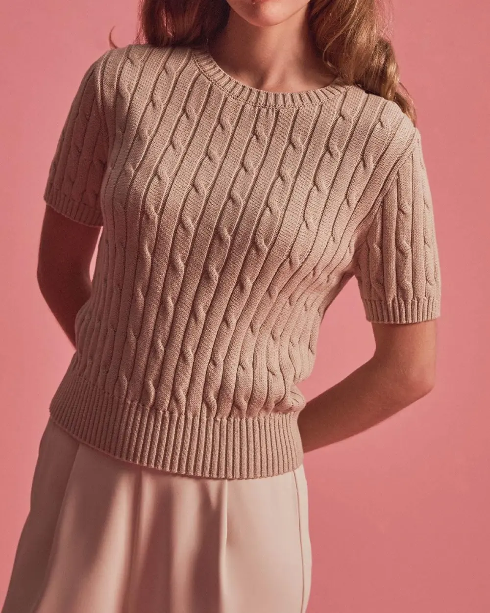 Ribbed Neckline Short Sleeve Cable Knit