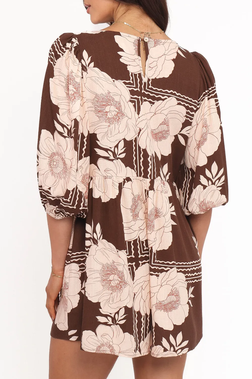 V-Neck Pocket Long-Sleeve Linen Floral Romper