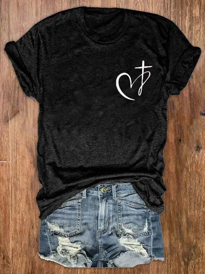 Women's Heart Cross All The Good Ones Are A Little Crazy Print Crewneck T-Shirt