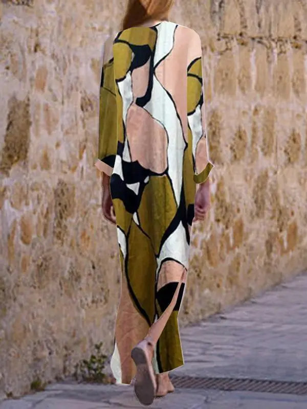 Fashion Print V Neck Long Sleeve Maxi Dress