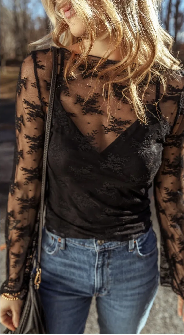 Mesh Crochet Long Sleeve Blouse