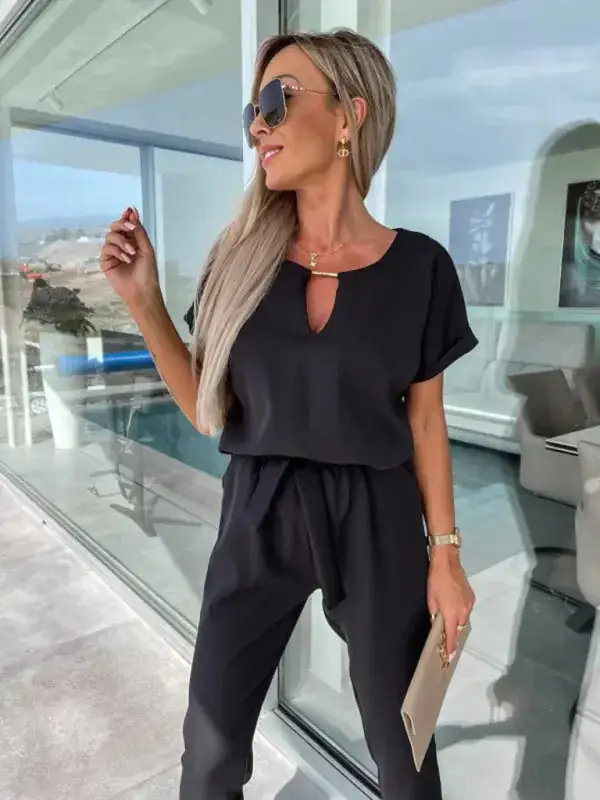 Short Sleeved V Neck Slip Pocket Shorts