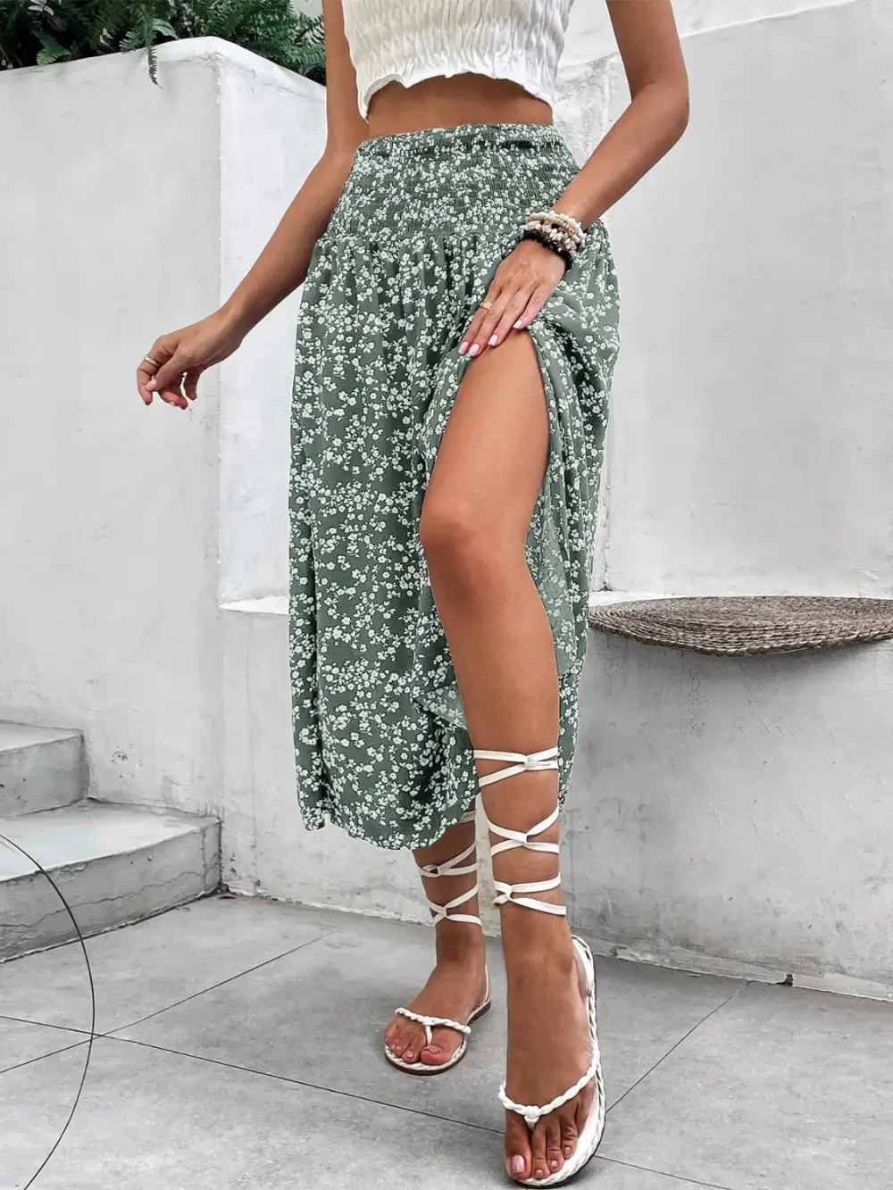 Slit Smocked Printed Skirt