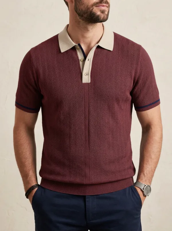 Men's Vintage Herringbone Pattern Knit Polo Shirt