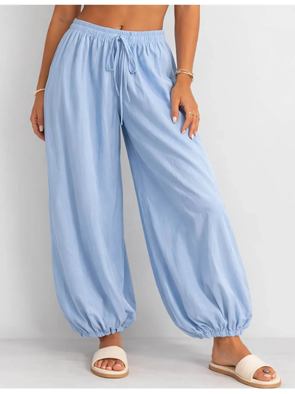 Solid Color Elastic Waist Drawstring Lantern Pants