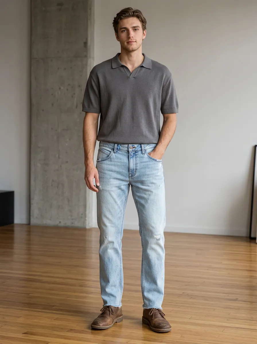 Men's Light Wash Distressed Raw Hem Denim Jeans