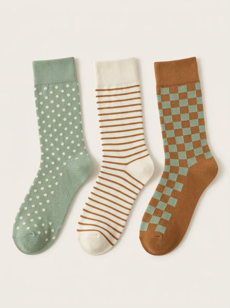 Mixed Pattern Polka Dot Striped Checkerboard Three Pair Sock Set