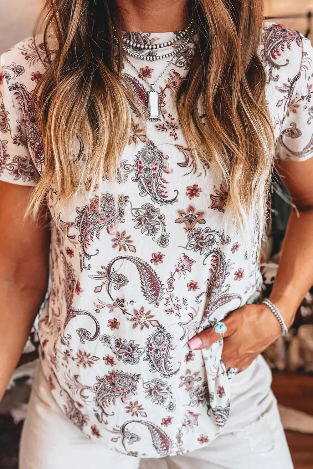 White Vintage Paisley Mock Neck