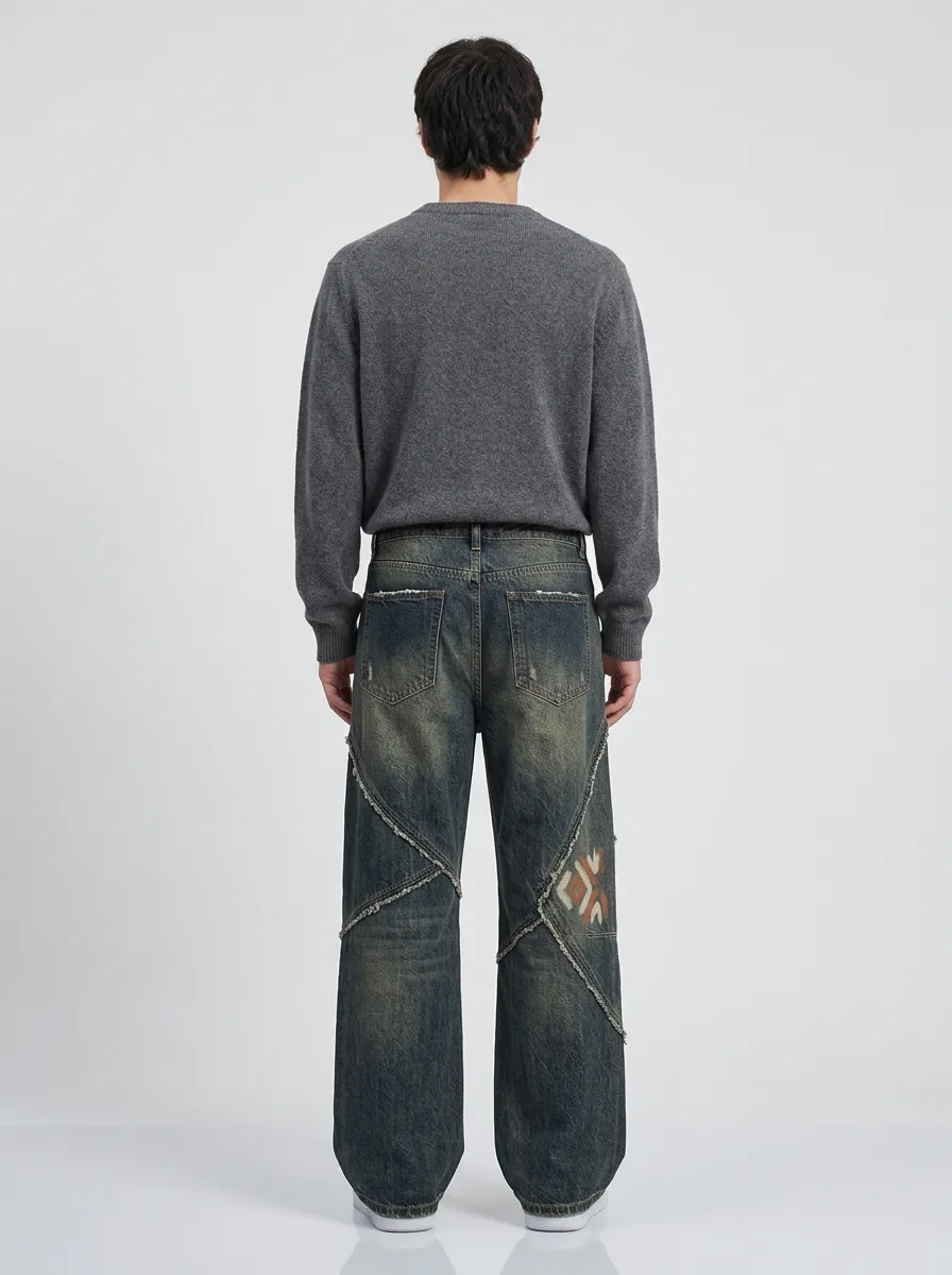 Wide Leg Geometric Graphic Vintage-Inspired Men's Loose Fit Jeans