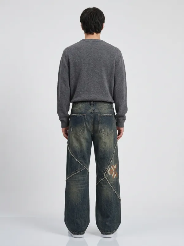 Wide Leg Geometric Graphic Vintage-Inspired Men's Loose Fit Jeans