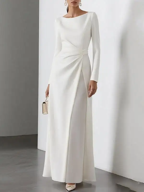 Waisted Pleated Long Neck Maxi Dress