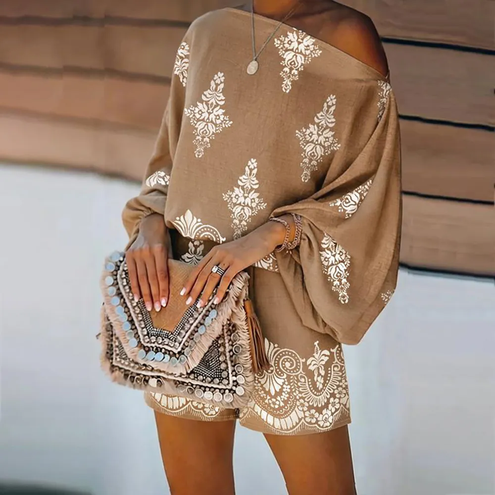 Women's 2 Pieces Outfit Boho Lantern Sleeve Linen Top and Shorts Set