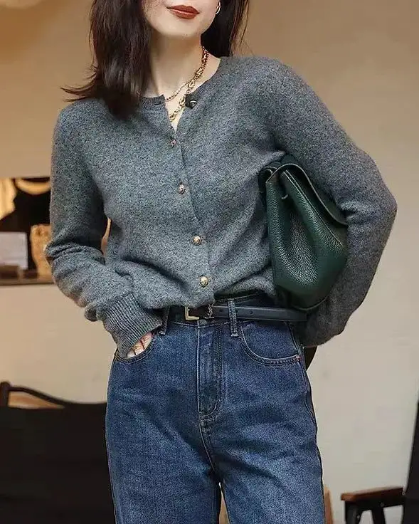 Classic Wool Button-Front Round-Neck Cropped Cardigan