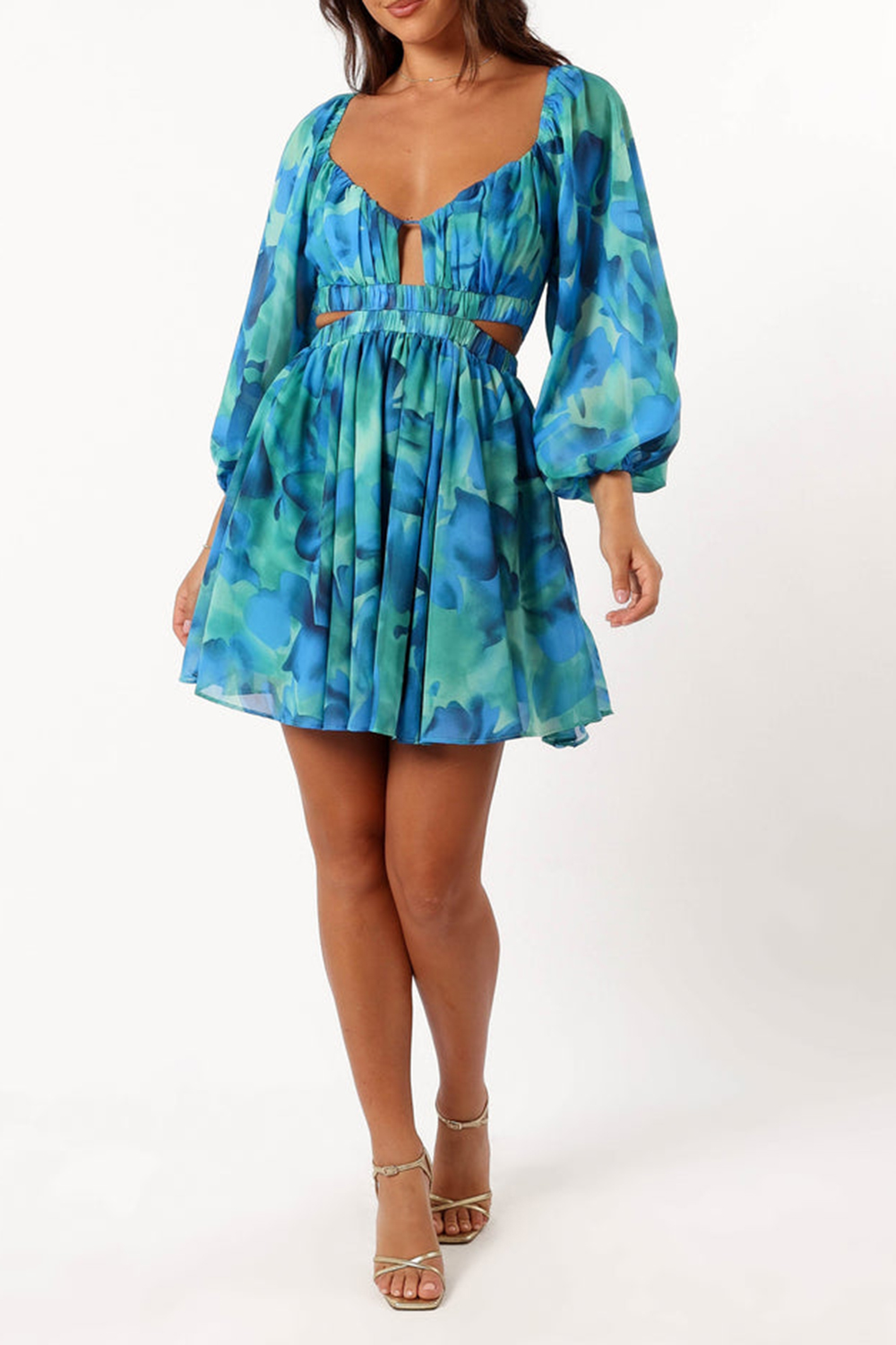 BLUE FLORAL LONG SLEEVE MINI DRESS