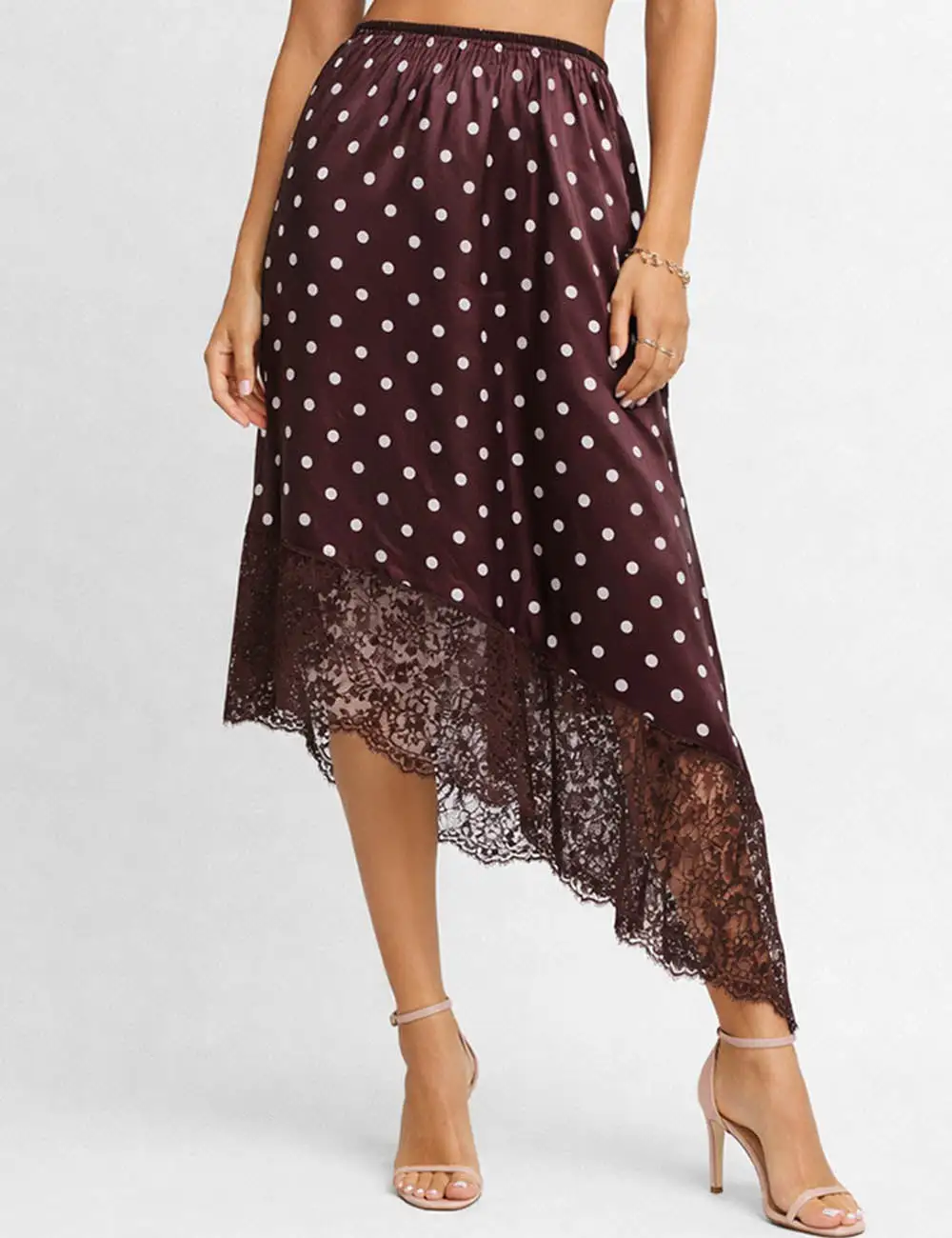 Romantic Polka Dot Satin Irregular Lace Hem Midi Skirt