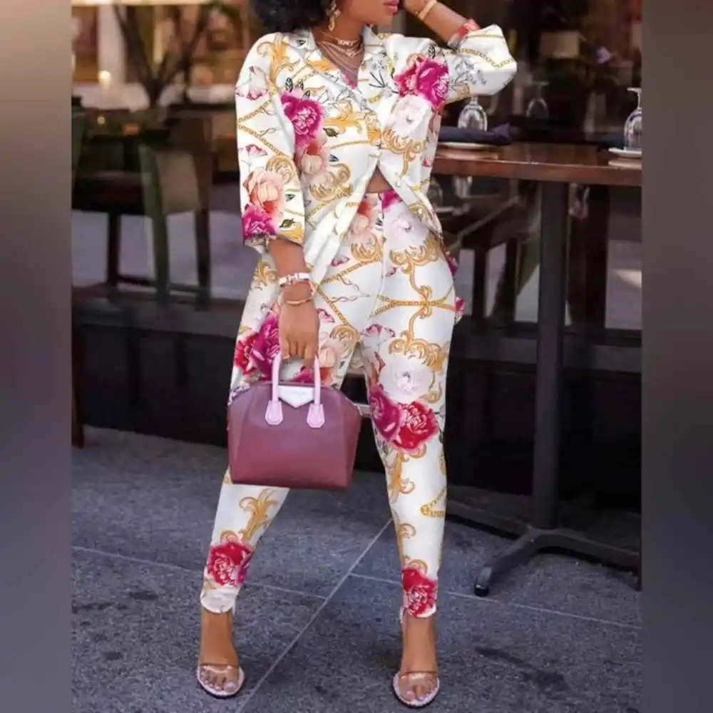 Everyday Print Lantern Sleeve Top High Waist Pants Set