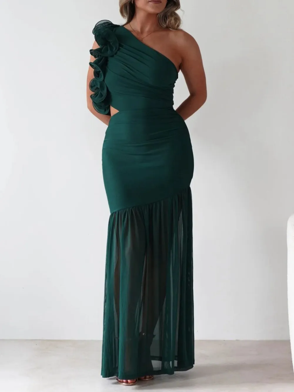 One Shoulder Ruffle Trim Maxi Dress