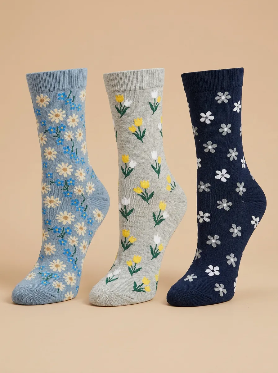 Cozy Daisy Tulip Floral Three Pair Sock Set