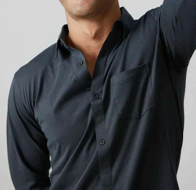 Charcoal Cotton Jersey Button-Up Shirt