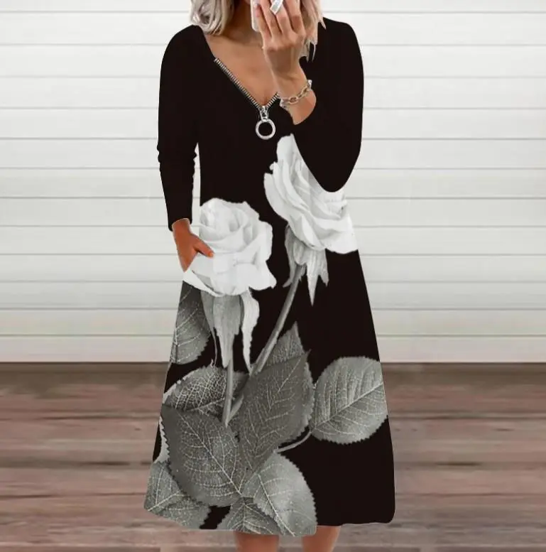 Zipper Printed V-Neck Long Sleeve Dress