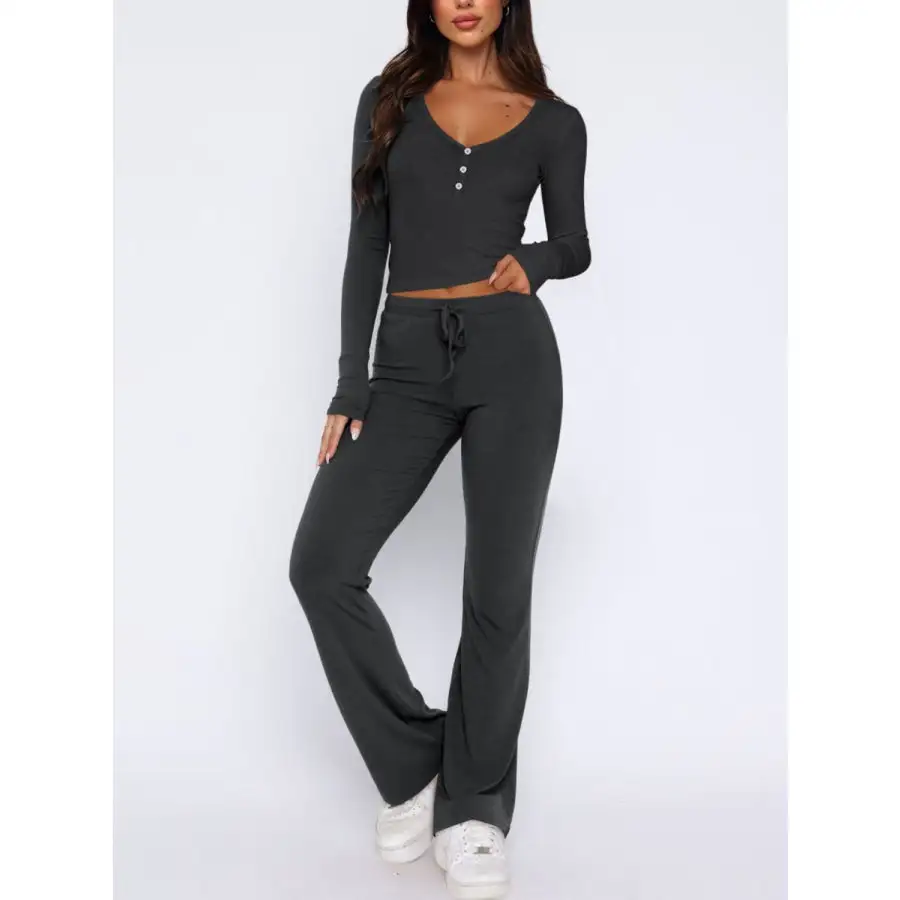 V Neck Long Sleeve Top and Pants Set