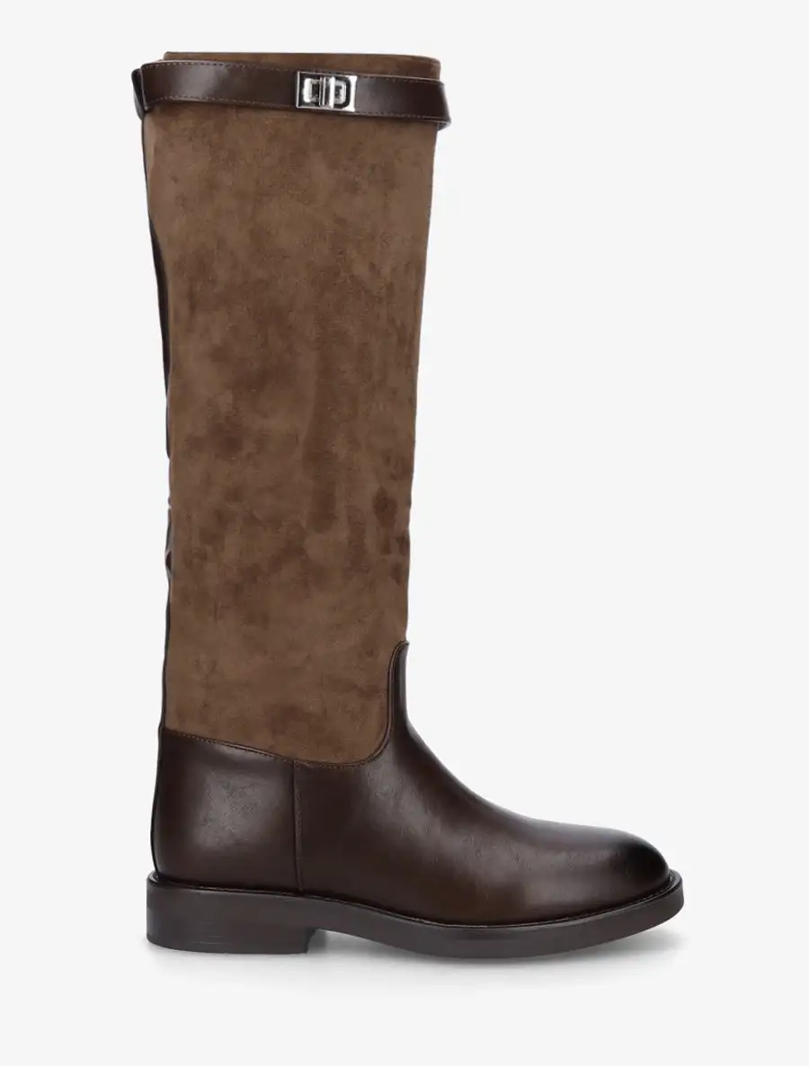 Classic Buckle Detail Block Heel Faux Suede Faux Leather Knee High Boots