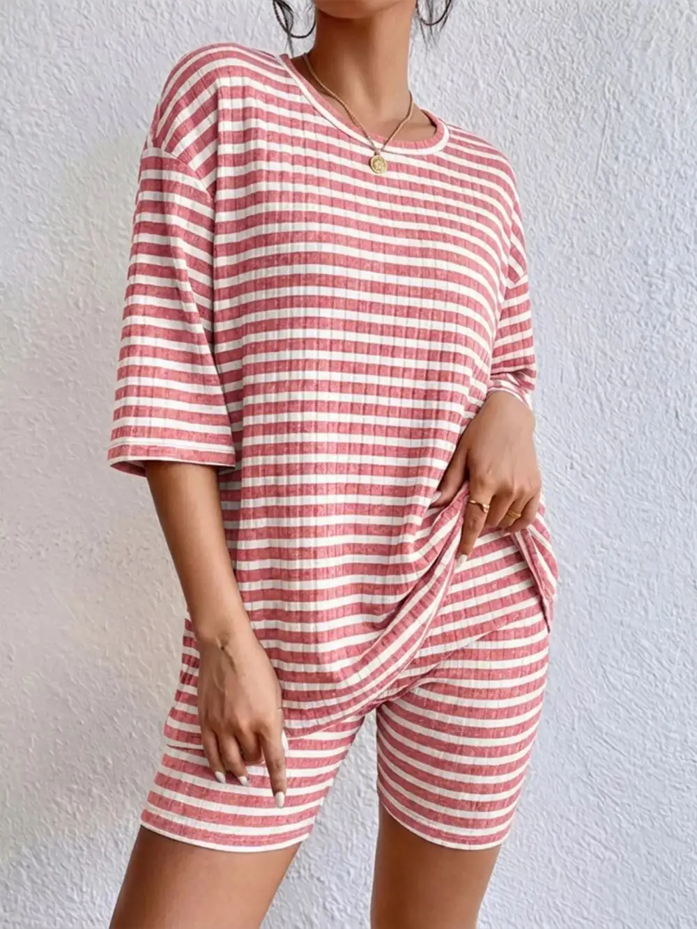 Striped Round Neck Top Shorts Set