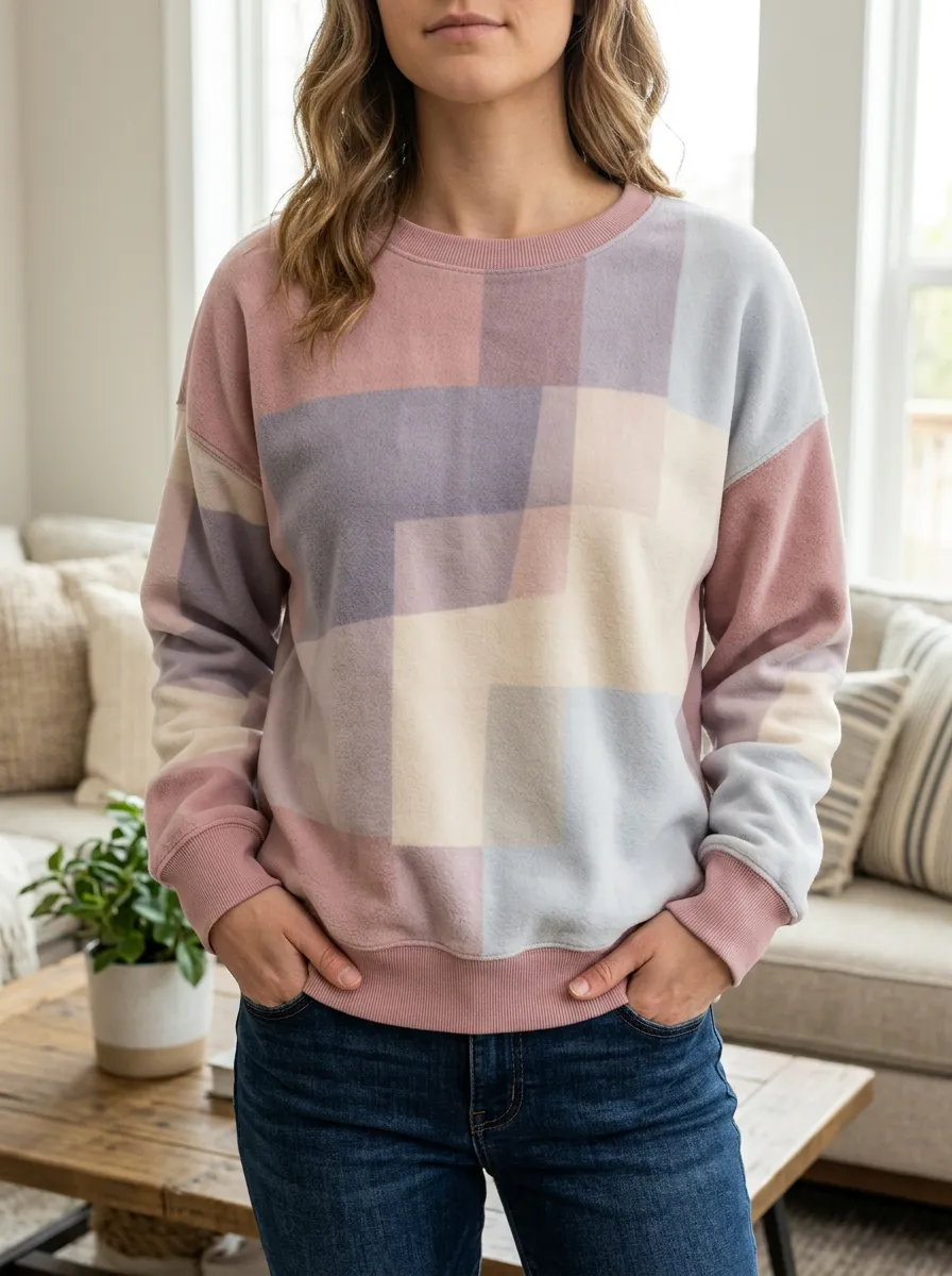 Women's Multicolor Geometric Print Crewneck Sweatshirt Crew neckline with ribbed trim