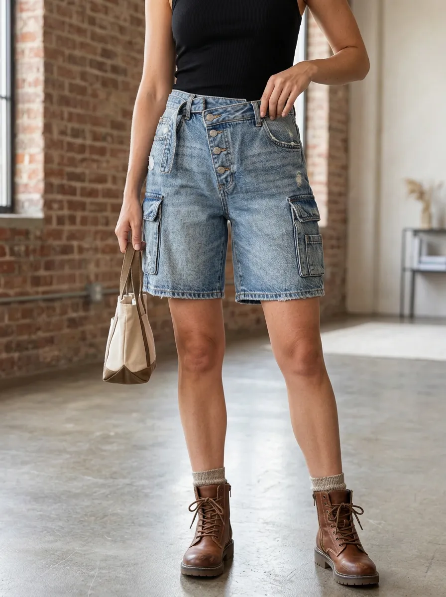 Women's Vintage Wash Asymmetric Button Cargo Denim Shorts